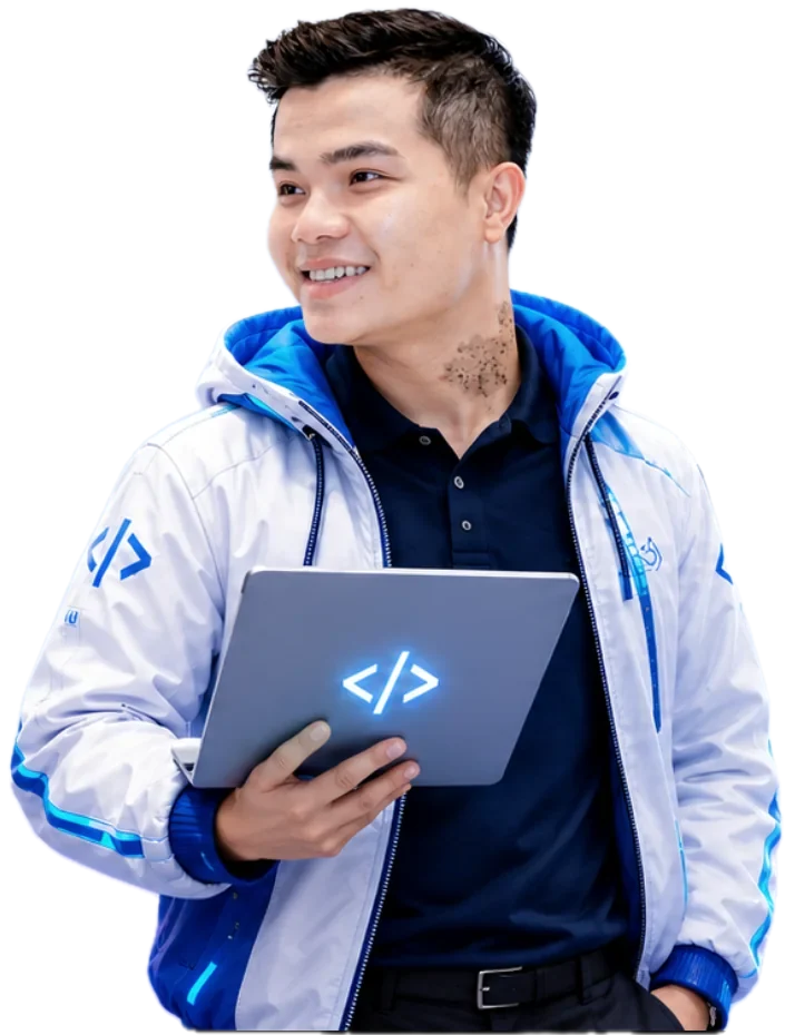 Hữu Long cầm laptop